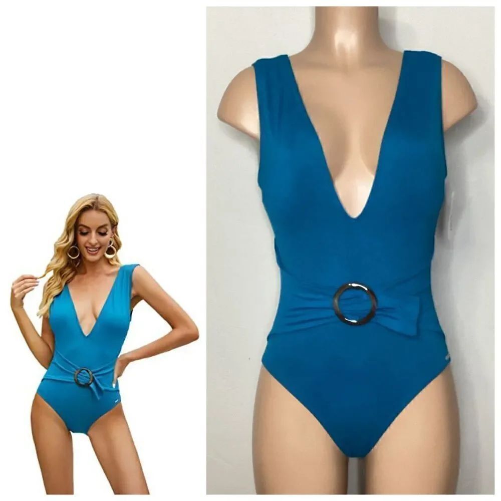 New. Blue green belted swimsuit. Medium. Normally $79